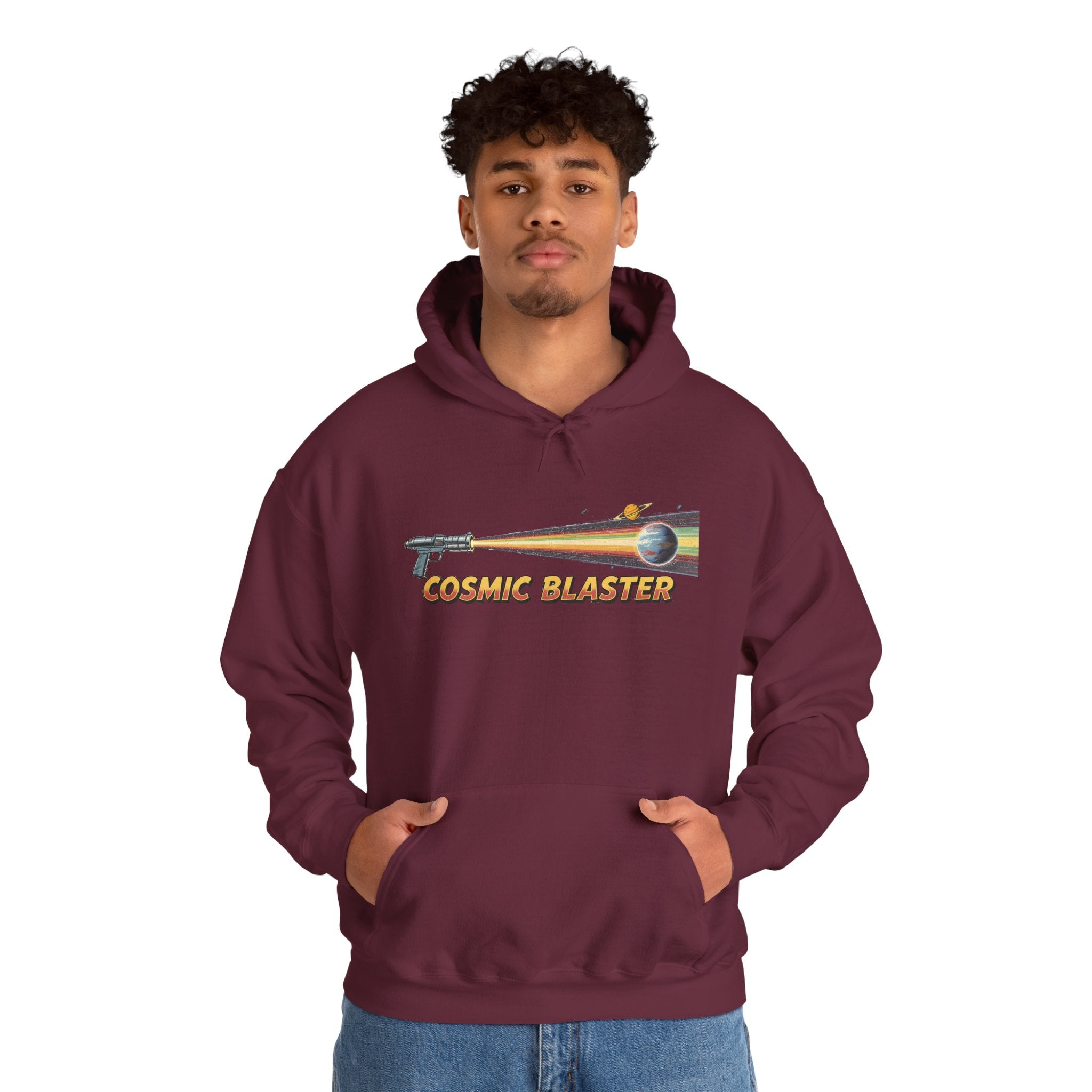 Cosmic Blaster Hoodie — Retro Space Ray Gun Graphic Pullover