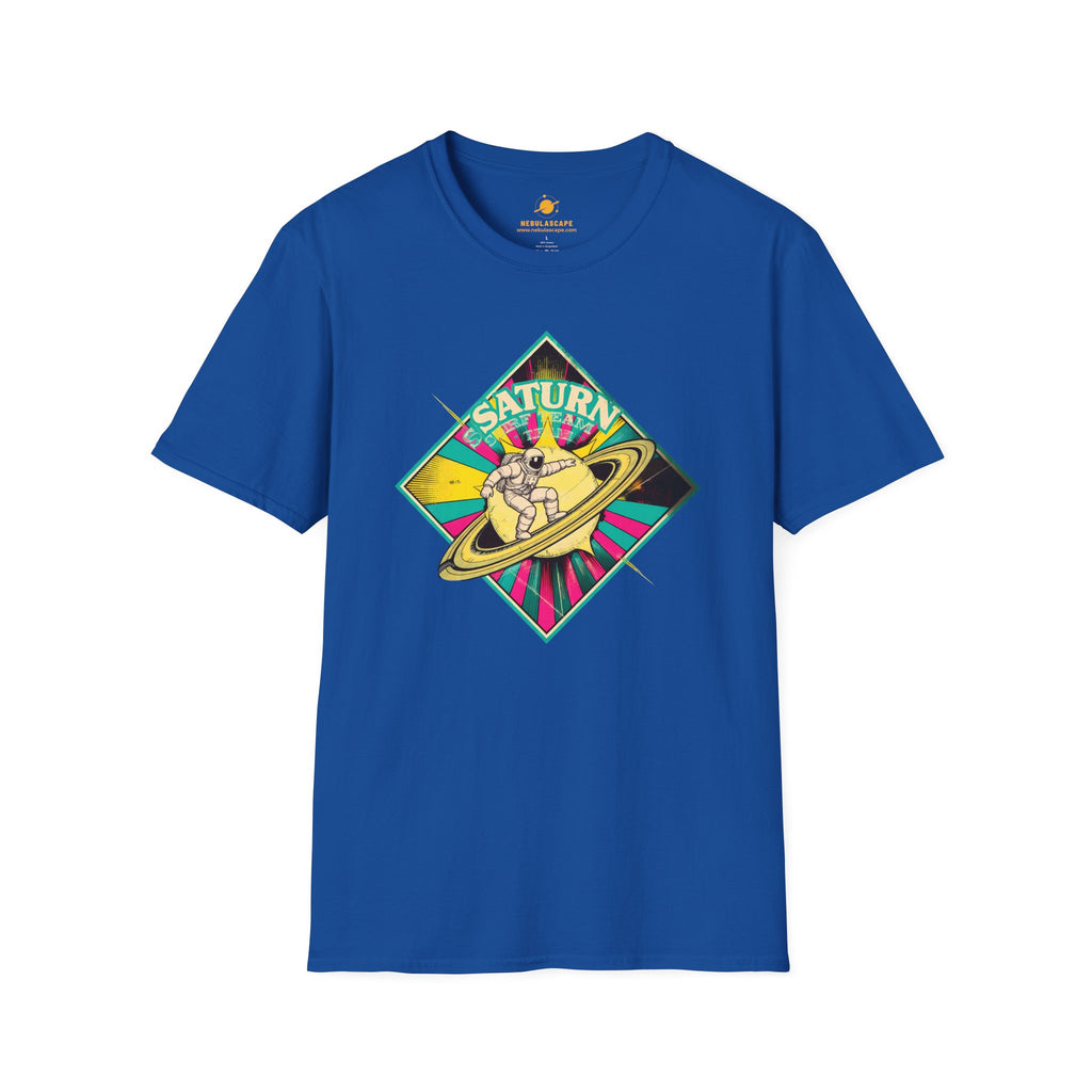 Saturn Surf Graphic T-Shirt — Retro Space Cat on Saturn"