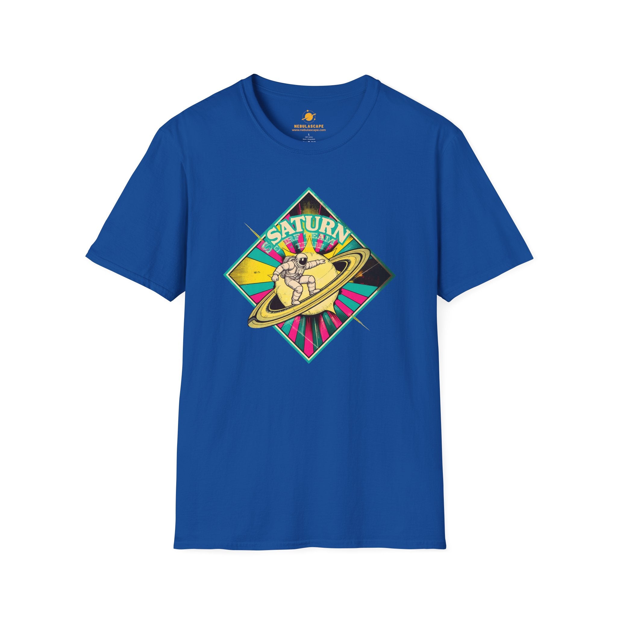 Saturn Surf Graphic T-Shirt — Retro Space Cat on Saturn"