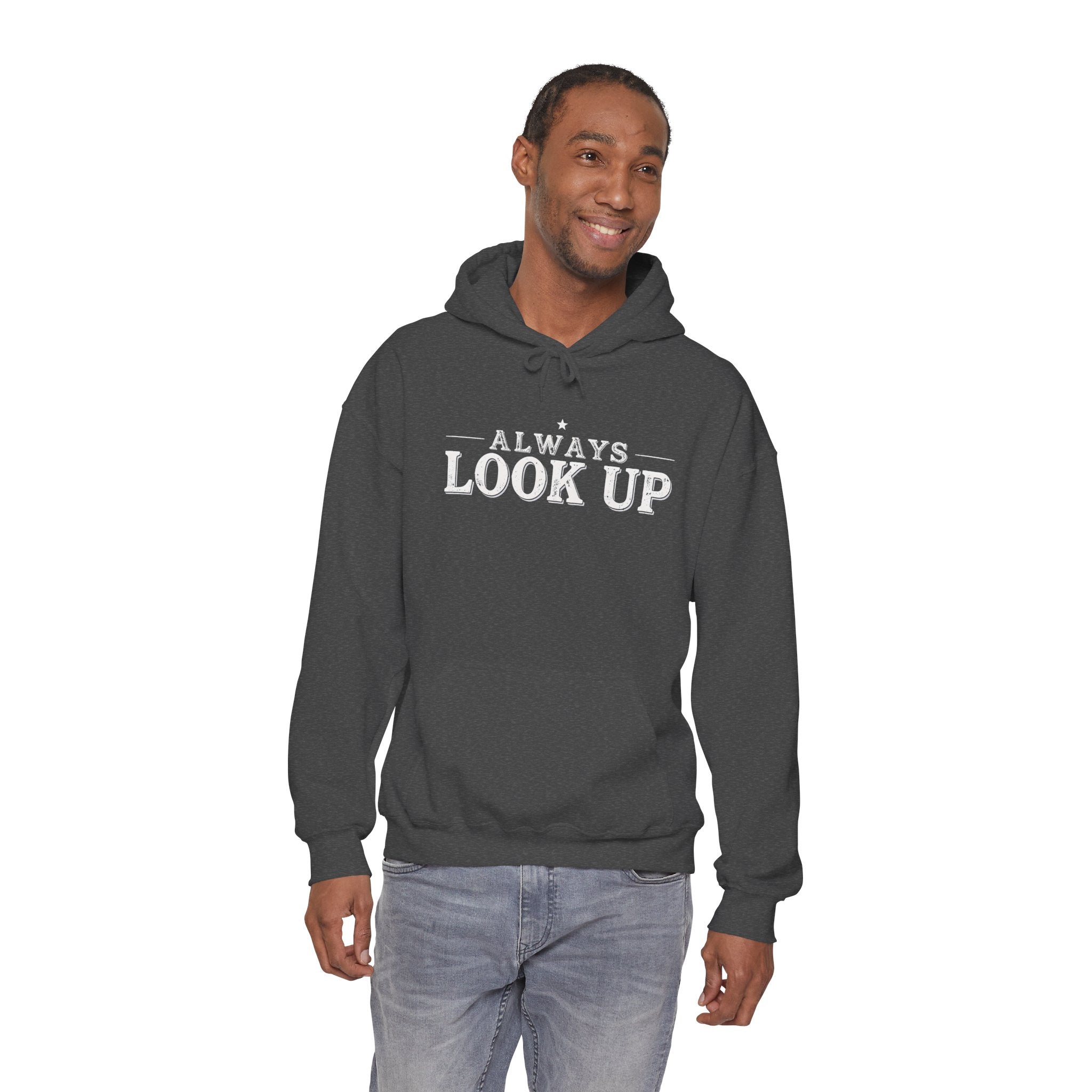 Always Look Up Hoodie — Inspirational Sky-Blue Text Pullover