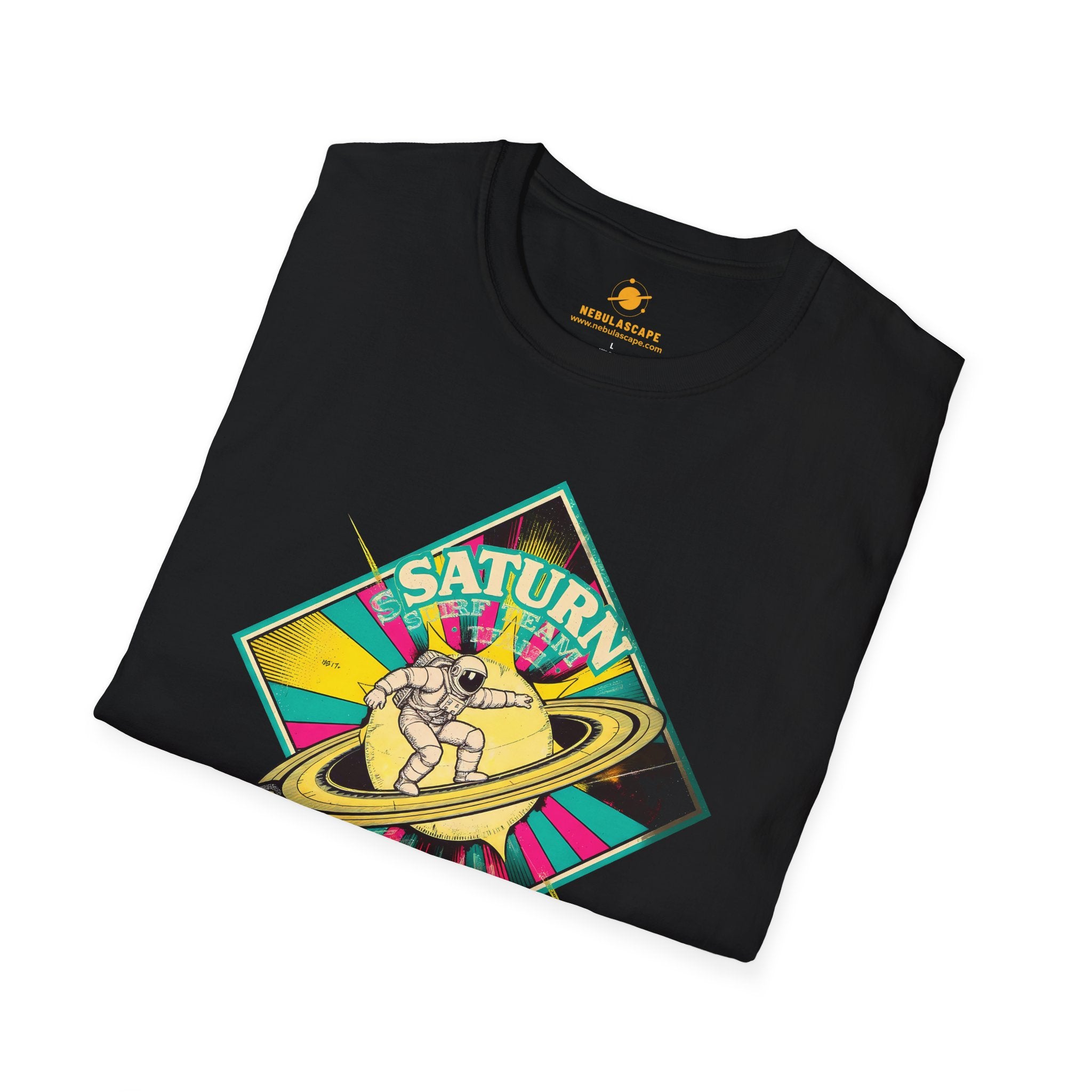 Saturn Surf Graphic T-Shirt — Retro Space Cat on Saturn"