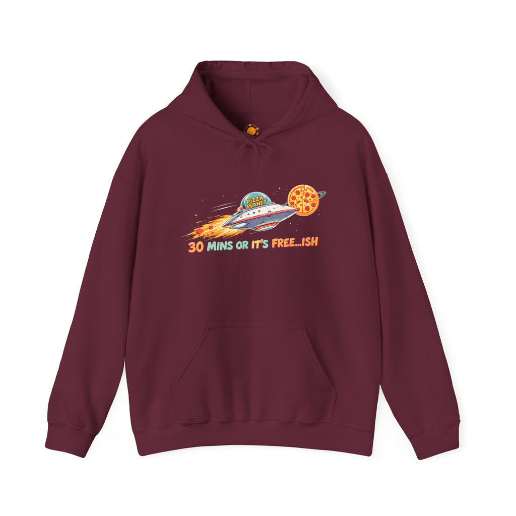 Pizza UFO Hoodie — “30 mins or it’s free...ish” Funny Space Pizza Hoodie