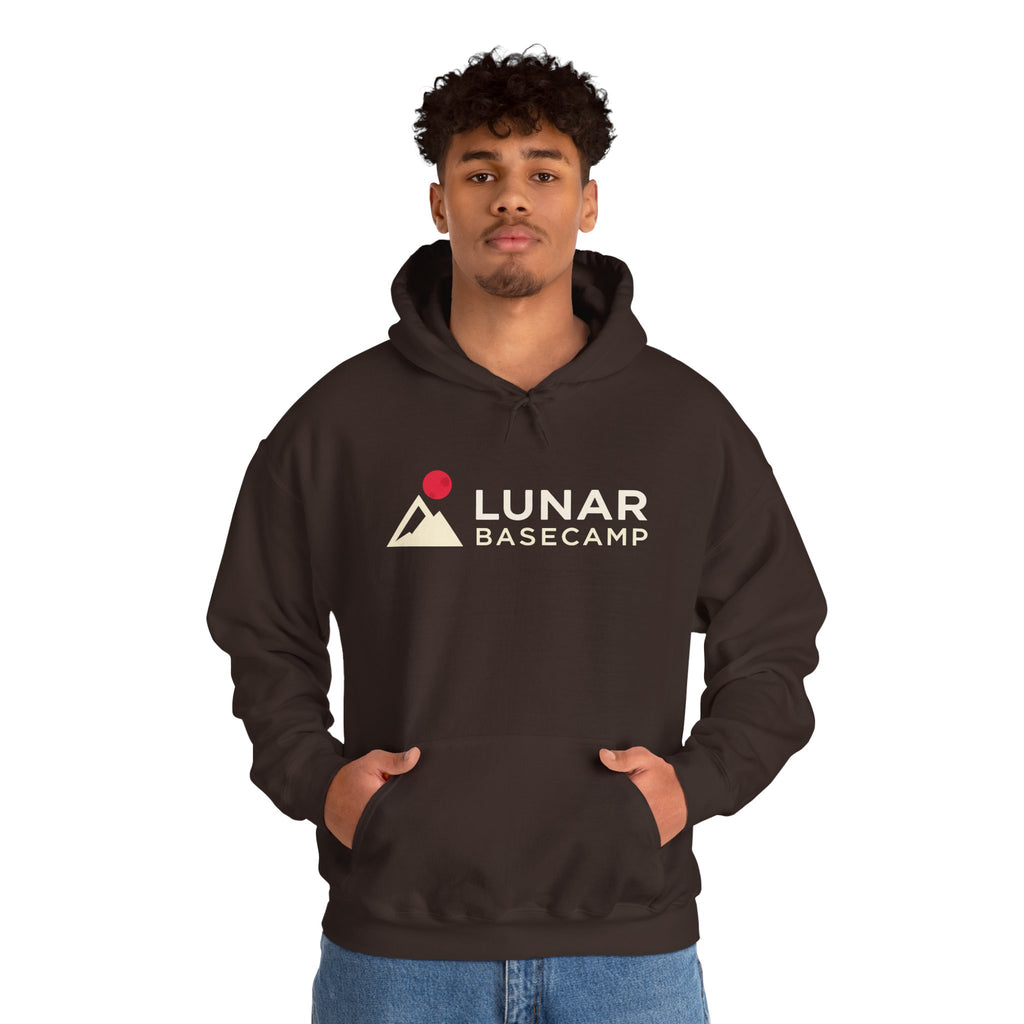 Lunar Basecamp Hoodie — Minimal Space Logo Astronaut Sweatshirt