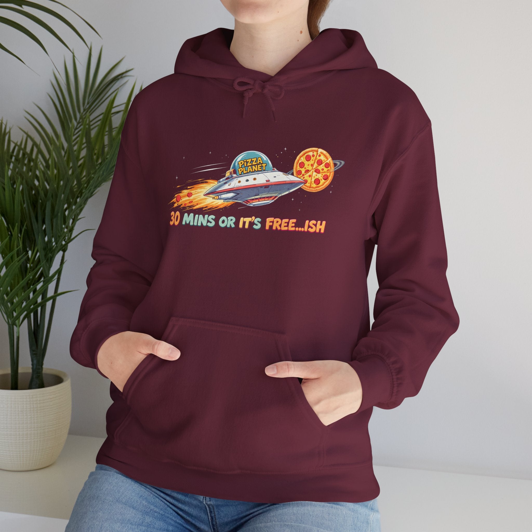 Pizza UFO Hoodie — “30 mins or it’s free...ish” Funny Space Pizza Hoodie