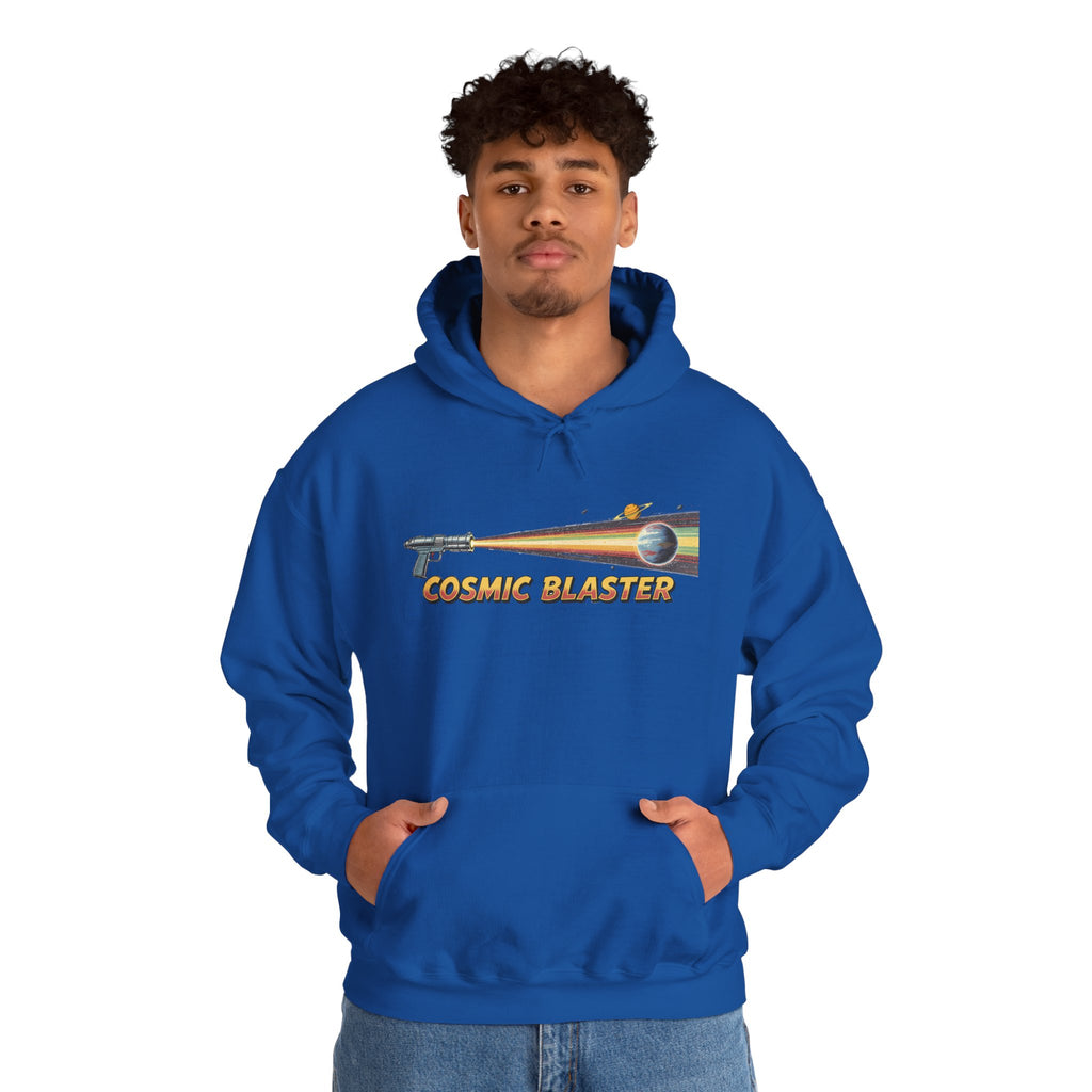Cosmic Blaster Hoodie — Retro Space Ray Gun Graphic Pullover