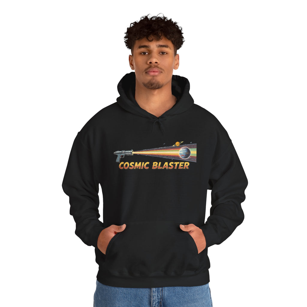 Cosmic Blaster Hoodie — Retro Space Ray Gun Graphic Pullover