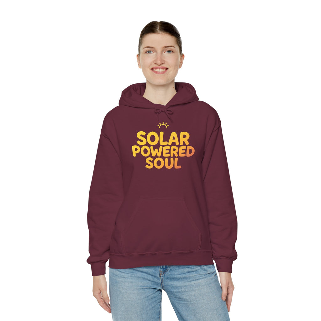 Solar Powered Soul Hoodie — Retro Yellow Sun Graphic Hooded Sweatshirt
