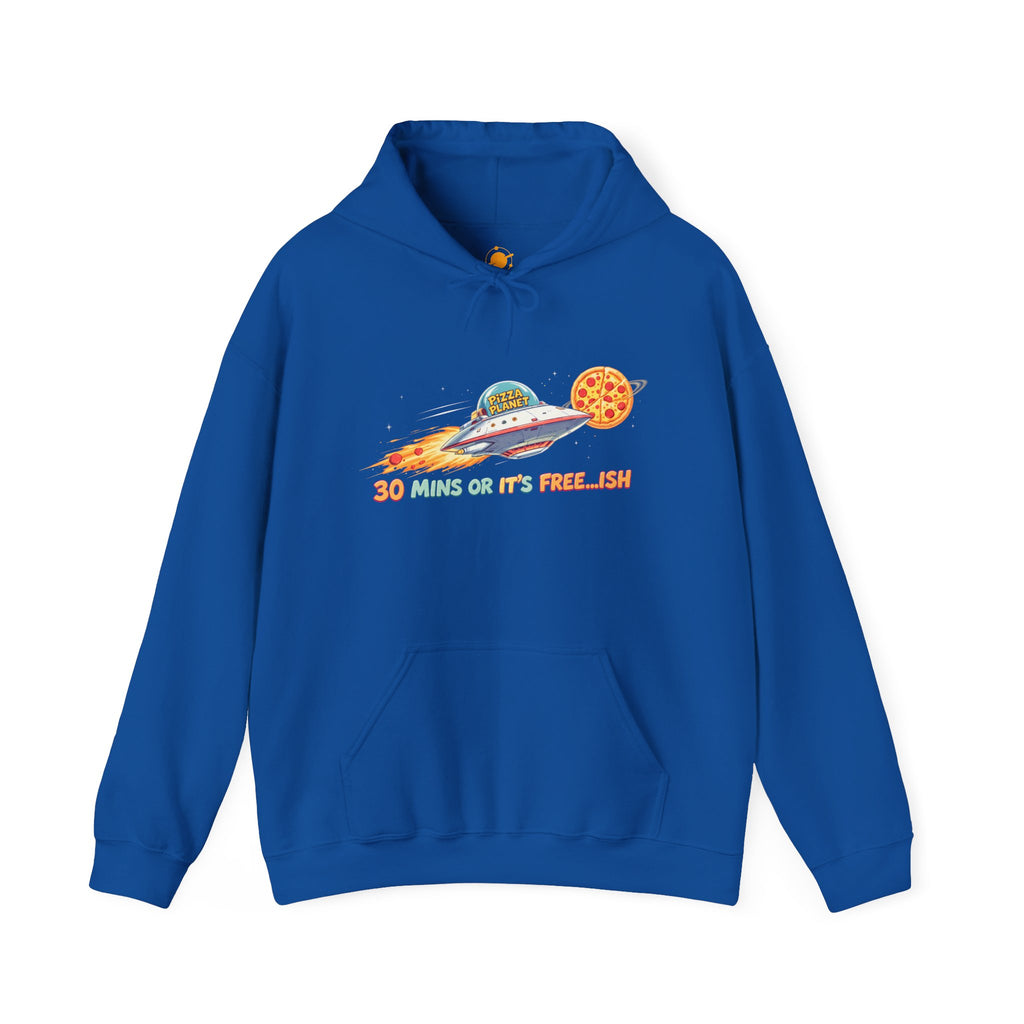 Pizza UFO Hoodie — “30 mins or it’s free...ish” Funny Space Pizza Hoodie
