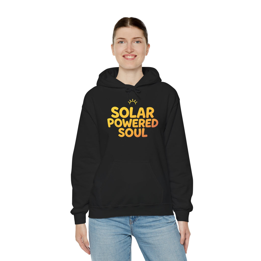 Solar Powered Soul Hoodie — Retro Yellow Sun Graphic Hooded Sweatshirt