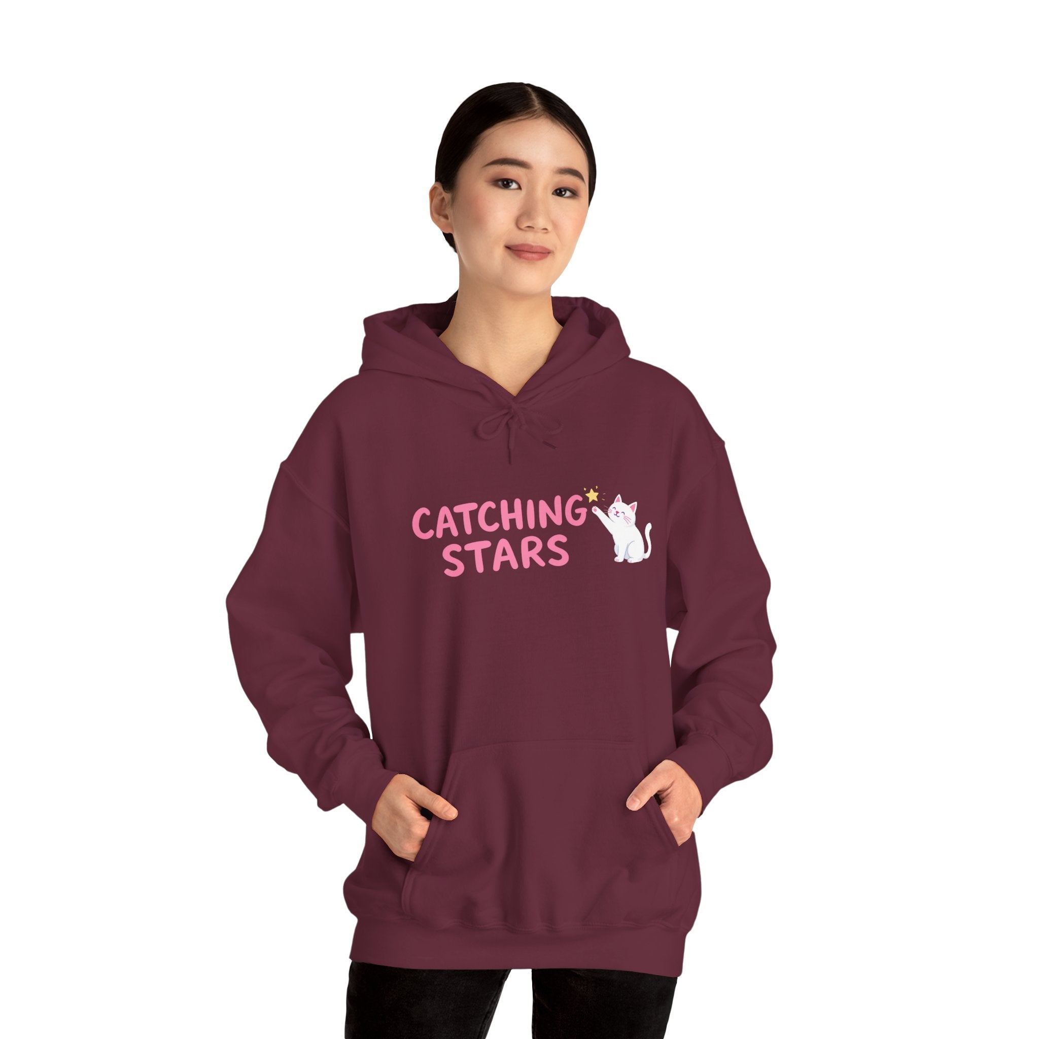 Catching Stars Cat Hoodie – Cute Pink Graphic Cat & Star Sweatshirt