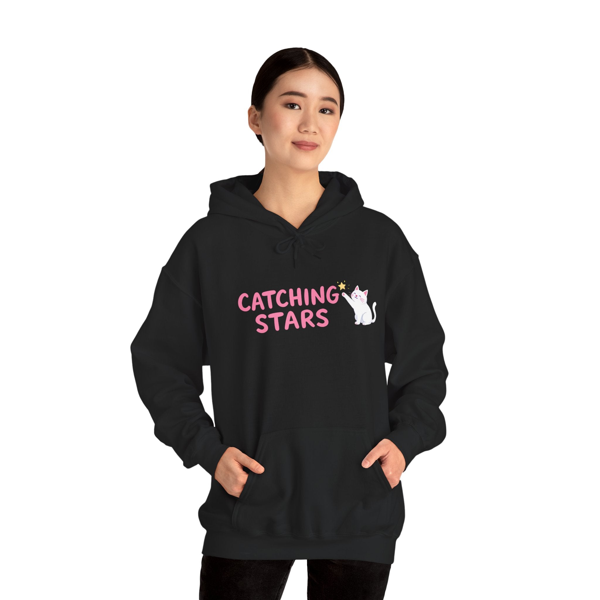 Catching Stars Cat Hoodie – Cute Pink Graphic Cat & Star Sweatshirt