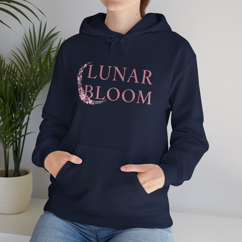 Lunar Bloom Hoodie — Pink Floral Crescent Moon Graphic Hoodie