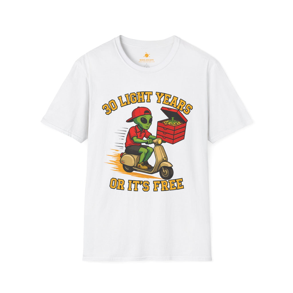 Alien Pizza Delivery Tee - "30 Light Years or It's Free" Graphic T-Shirt