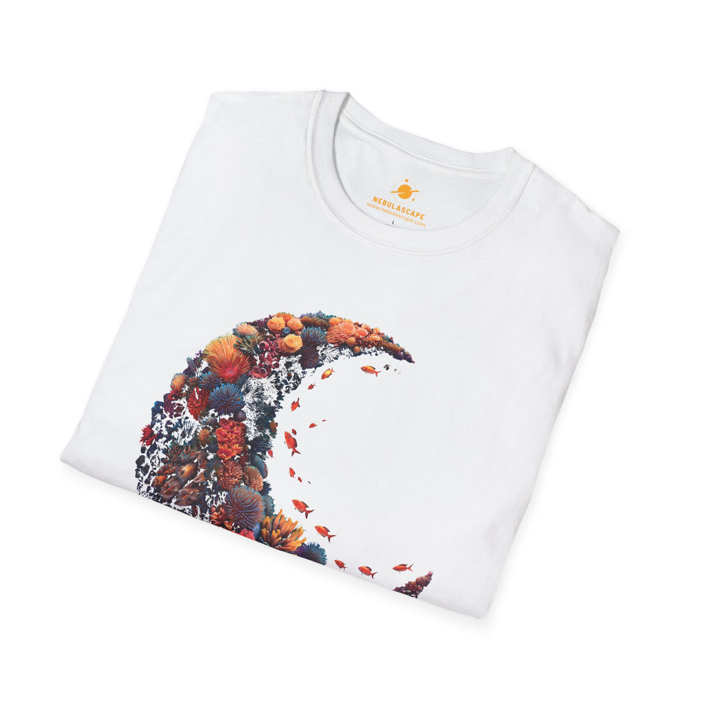 Coral Crescent Moon T-Shirt — Botanical Moon Graphic Tee