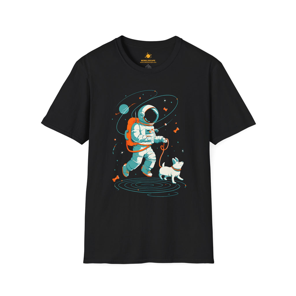 Astronaut Walking Dog T-Shirt — Cute Space Dog Tee for Kids & Adults