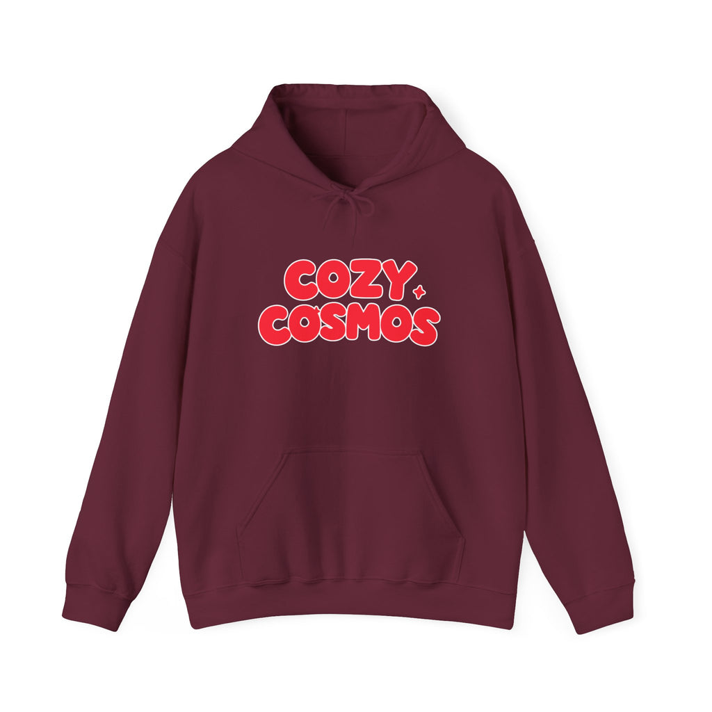 Cozy Cosmos Hoodie — Retro Red 'Cozy Cosmos' Graphic Pullover