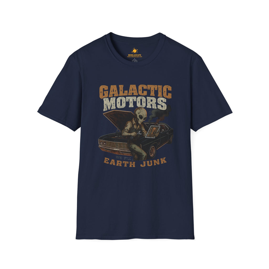 T‑Shirt — Galactic Motors: 'Earth Junk' Alien Mechanic Retro Graphic Tee