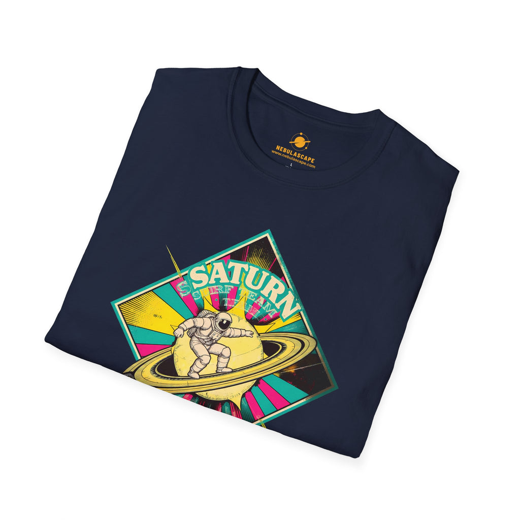 Saturn Surf Graphic T-Shirt — Retro Space Cat on Saturn"