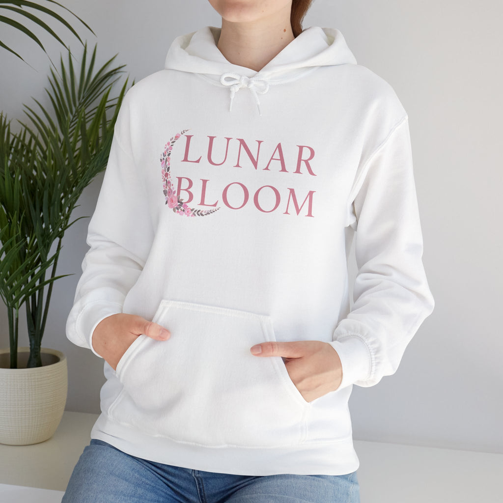 Lunar Bloom Hoodie — Pink Floral Crescent Moon Graphic Hoodie