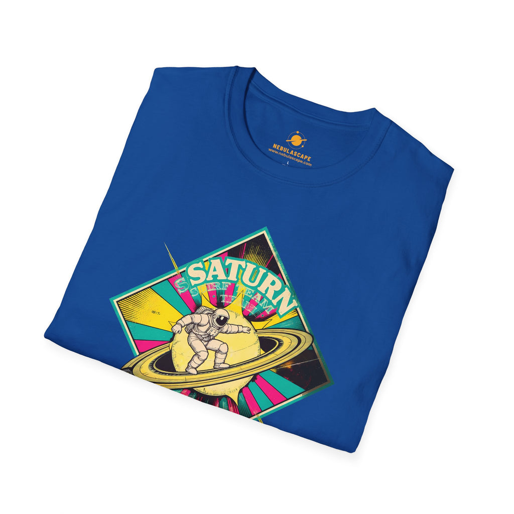 Saturn Surf Graphic T-Shirt — Retro Space Cat on Saturn"
