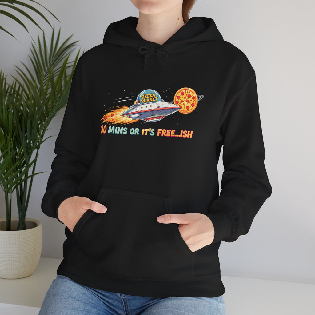 Pizza UFO Hoodie — “30 mins or it’s free...ish” Funny Space Pizza Hoodie