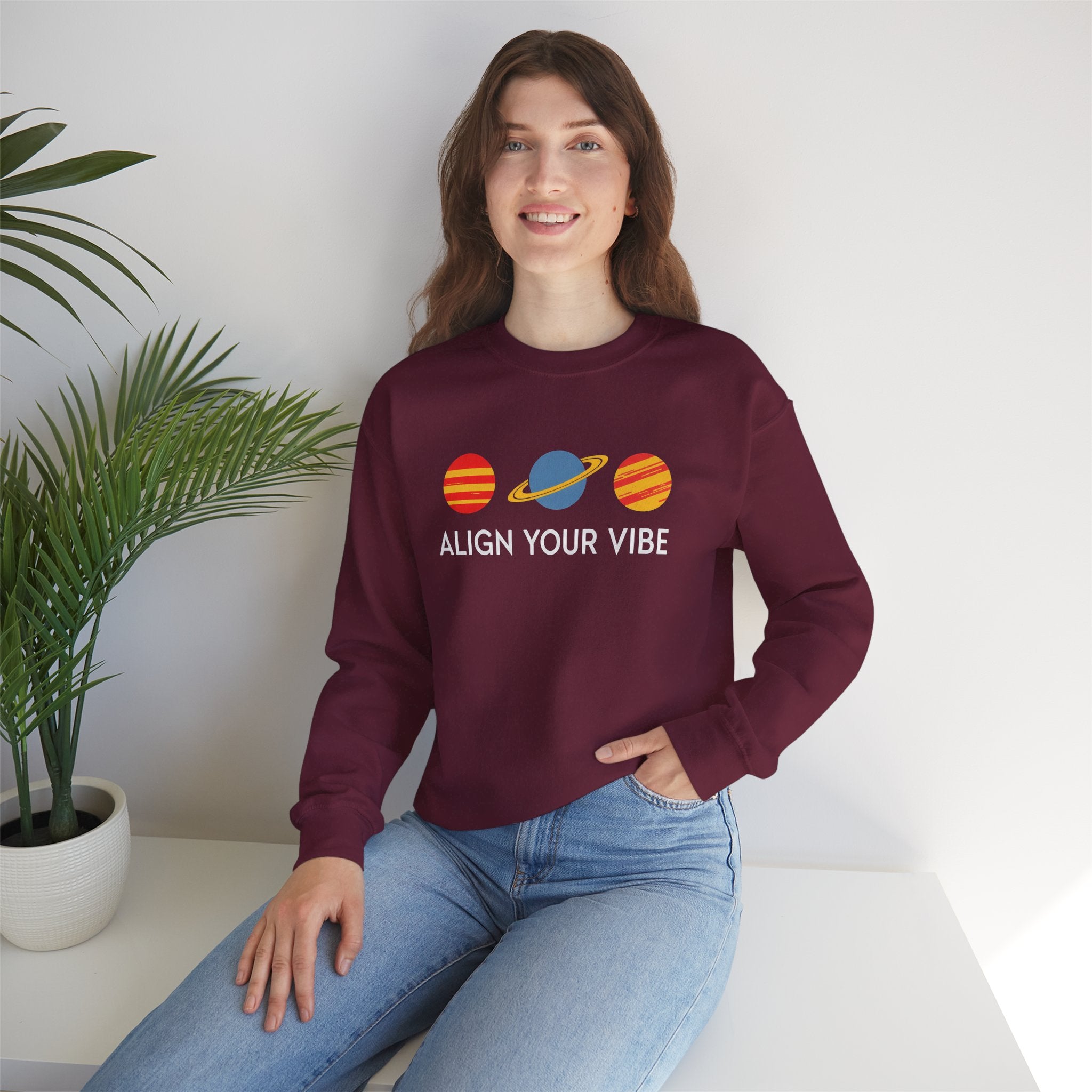 Align Your Vibe Crewneck Sweatshirt — Retro Planets Graphic