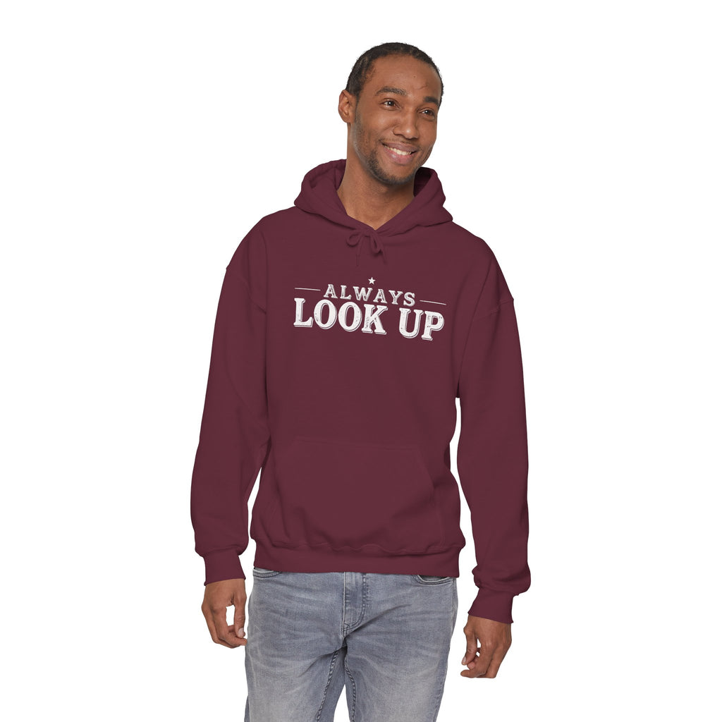 Always Look Up Hoodie — Inspirational Sky-Blue Text Pullover