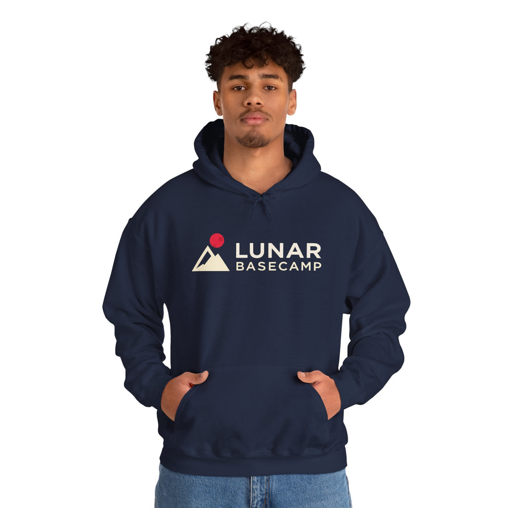 Lunar Basecamp Hoodie — Minimal Space Logo Astronaut Sweatshirt